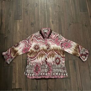 Nicola Boho Pink Brown Collared Button Down Blouse M